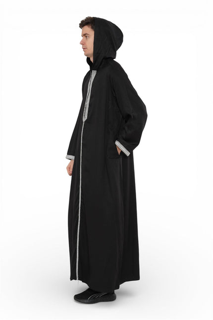 Men's Eid Black Hooded Moroccan Thobe Robe Djellaba Gandoura Ramadan Jubba- HM3