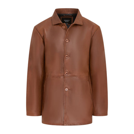 Men's Tan Leather Long Collared Car Coat Jacket - Berry
