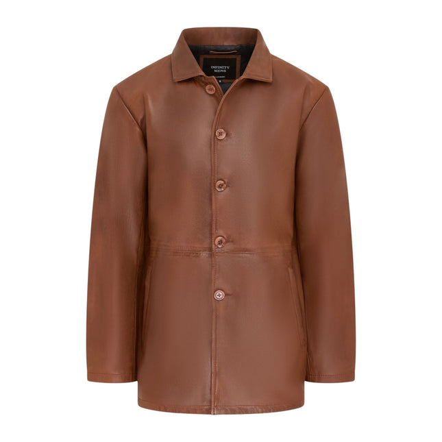Men's Tan Leather Long Collared Car Coat Jacket - Berry