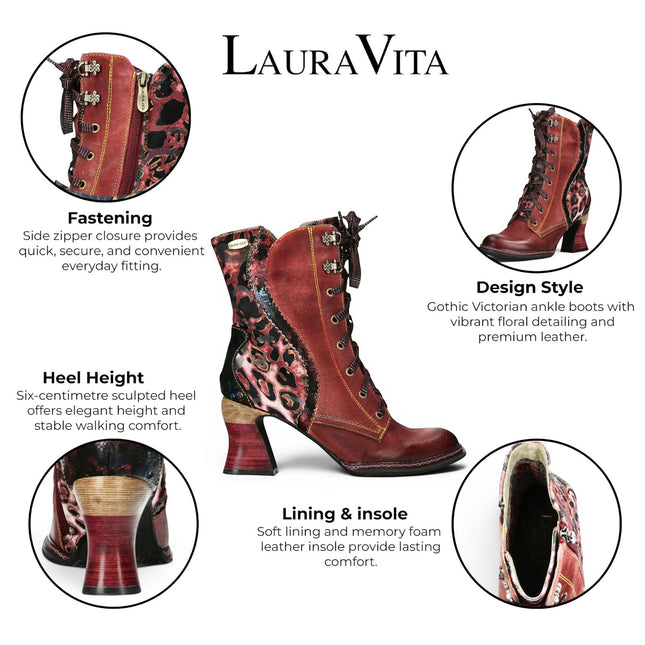 Laura Vita Women's Goth Victorian Floral Wine Leather Lace-Up Heeled Boots - Eleao-42