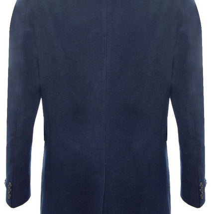 Men's Long Navy Wool Slim Fit Overcoat