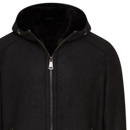 Mens Black Sheepksin Hooded Shearling Bomber Jacket - Benalla