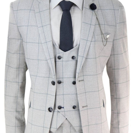 Mens 3 Piece Light Grey Check Tweed Vintage Retro Classic Suit