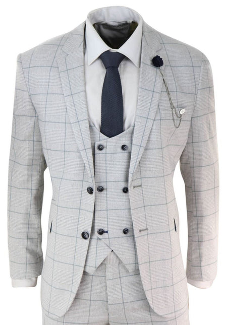 Mens 3 Piece Light Grey Check Tweed Vintage Retro Classic Suit