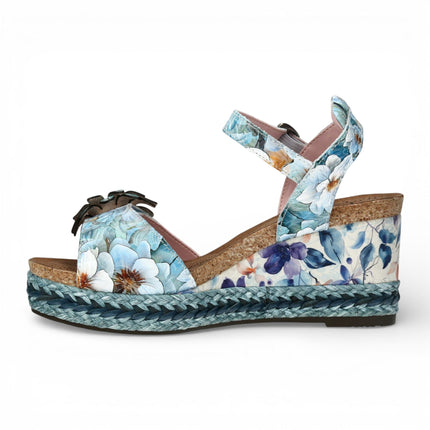 Laura Vita Women's Facyo 75 Blue Floral Leather Wedge Espadrille Sandals