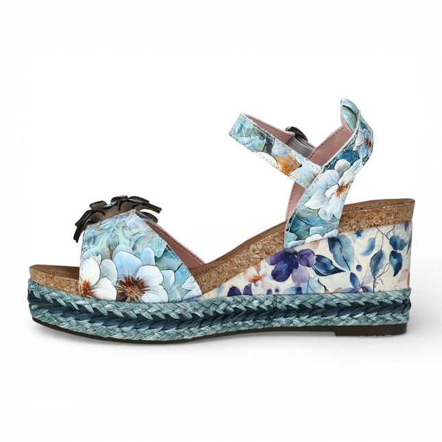Laura Vita Women's Facyo 75 Blue Floral Leather Wedge Espadrille Sandals