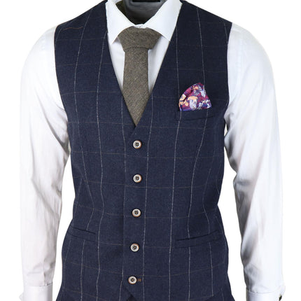 Mens 3 Piece Wool Suit Navy Blue Tweed Check Peaky Blinders 1920 Gatsby Formal