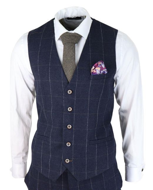 Mens 3 Piece Wool Suit Navy Blue Tweed Check Peaky Blinders 1920 Gatsby Formal
