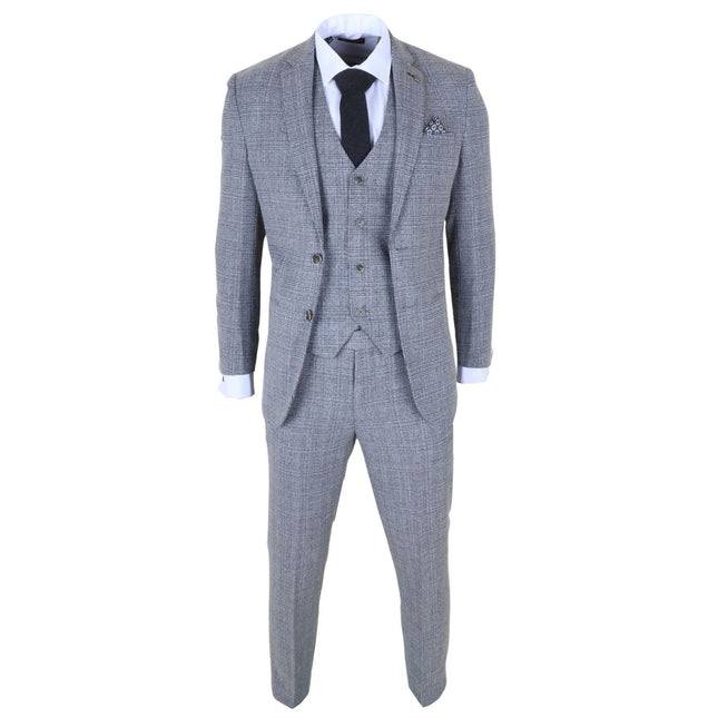 Men's 3-Piece Grey Classic Check Suit Slim Fit Plain Formal Party Suit