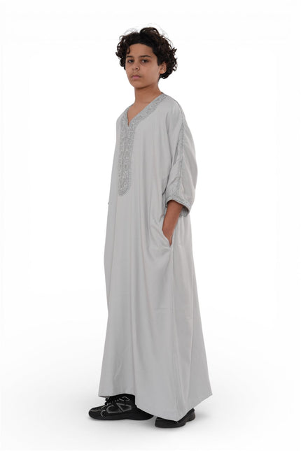 Kids Boys Grey Moroccan Thobe Robe Eid Djellaba Gandoura Jubba- K-HM65