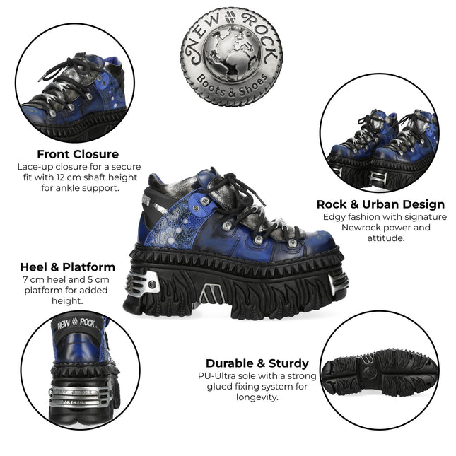 New Rock M-Wall106N-C16 Blue Silver Leather Gothic Urban Rock Ankle Boots