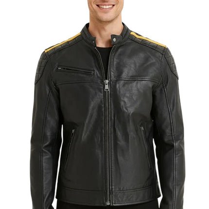 Men's Classic Quilted Black Yellow Leather Biker Jacket - Meridian
