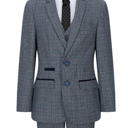 Boys 3 Piece Blue Tweed Check Vintage Retro Suit