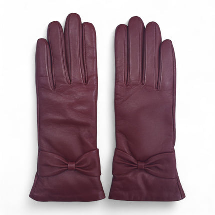 Womens Burgundy Red Italian Leather Winter Bow Design Soft Wool Lining Gloves - L-GLV-401