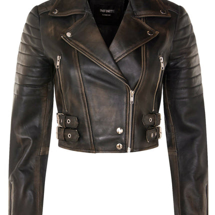 Womens Cropped Brando Leather Biker Jacket-Damascus