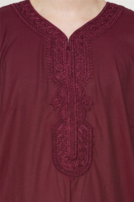 Men's Wine Red Moroccan Thobe Jubba Robe Eid Djellaba Gandoura - HM62