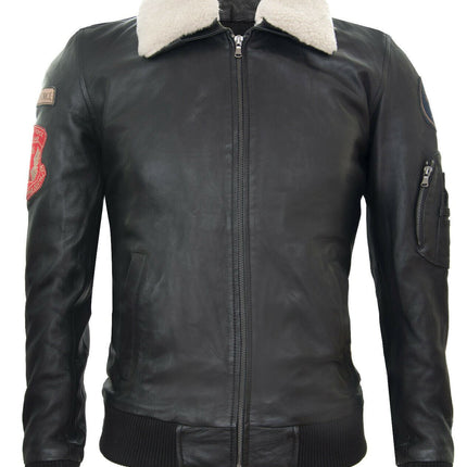 Black Leather Air Force Bomber Jacket with Detachable Collar - Valletta