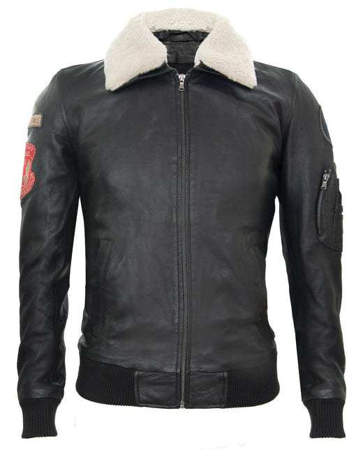 Black Leather Air Force Bomber Jacket with Detachable Collar - Valletta