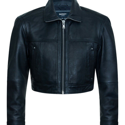 Womens Black Cropped Biker Leather Jacket - Dubai