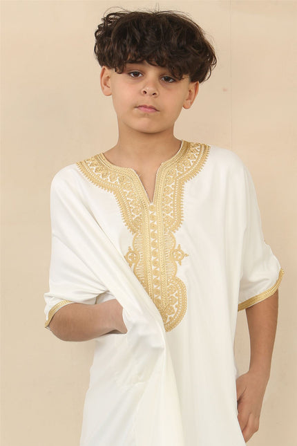 Kid's Boys White Moroccan Thobe Djellaba Jubba Robe Eid