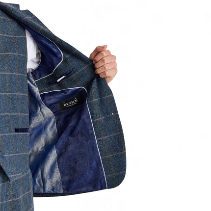 Men's Navy Tweed Herringbone Formal Check Blazer - Harris