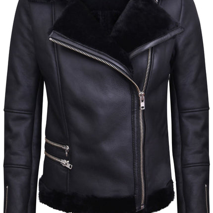 Womens Black Shearling Sheepskin Aviator Jacket-Kiev
