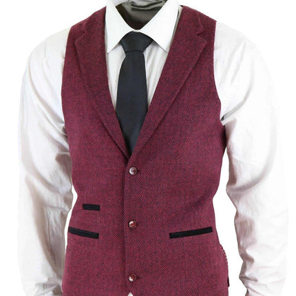 Mens 3 Piece Wine Herringbone Wool Tweed Retro Suit