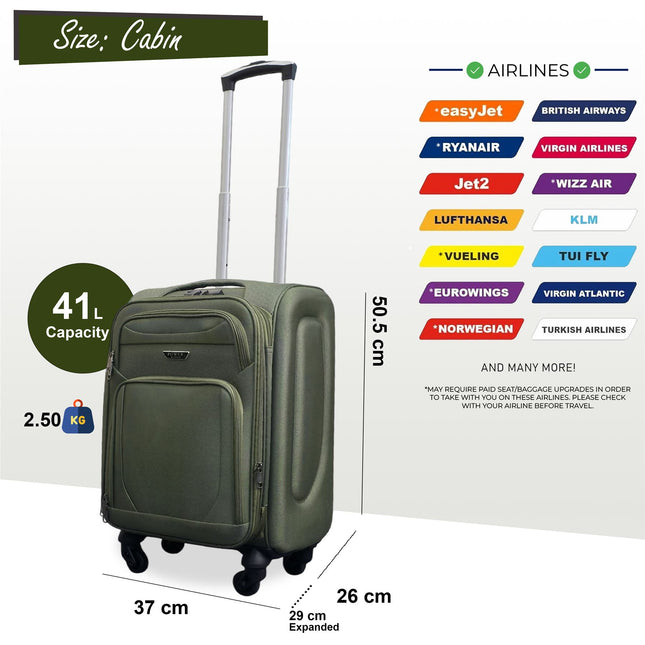 Expandable Soft Shell Cabin Suitcase 50.5 x 37 x 26 cm Luggage Suitable for Easyjet, Ryanair