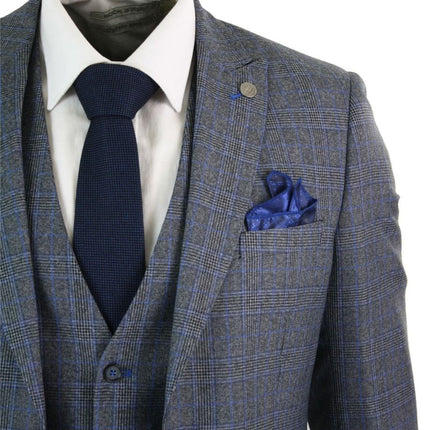 Mens 3 Piece Grey Blue Check Vintage Retro Suit