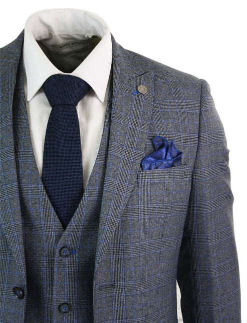 Mens 3 Piece Grey Blue Check Vintage Retro Suit