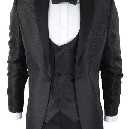 Mens Black Tuxedo Blazer Waistcoat Brocade Satin Paisley Formal Dinner Jacket