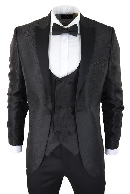 Mens Black Tuxedo Blazer Waistcoat Brocade Satin Paisley Formal Dinner Jacket