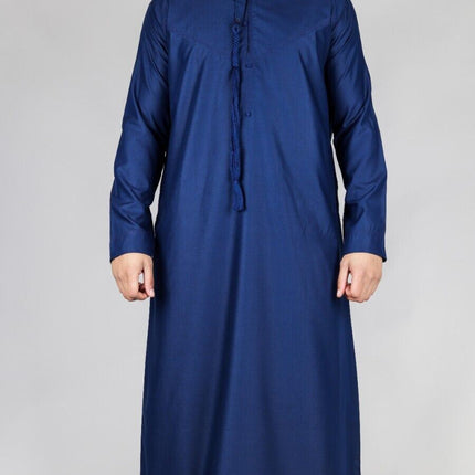 Men's Navy Blue Thobe Emirati Islamic Jubba Robe Eid Tassel Slim Fit