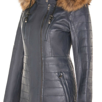 Womens Slim Fit Leather Hooded Parka Jacket-Northam
