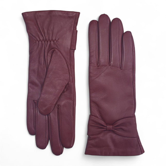 Womens Burgundy Red Italian Leather Winter Bow Design Soft Wool Lining Gloves - L-GLV-401