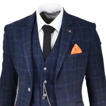 Mens 3 Piece Navy Blue Tweed Check Vintage Retro Classic Suit