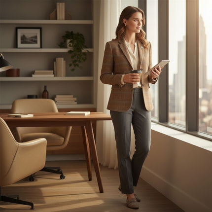 Women's Oak Brown Tailored Check Tweed Blazer Formal Jacket - TPSTZ-7