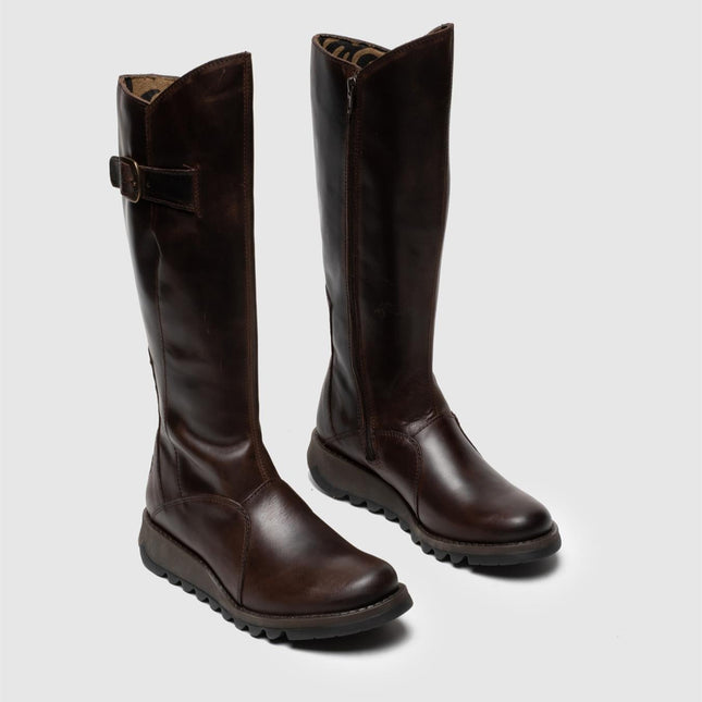 Fly London Womens Brown Mol 2 Leather Wedge Heel Knee High Zip Up Boots