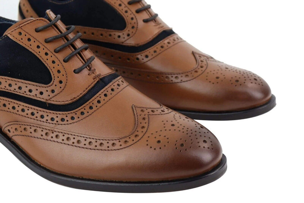 Mens Retro Oxford Navy Suede Brogue Shoes In Tan Leather