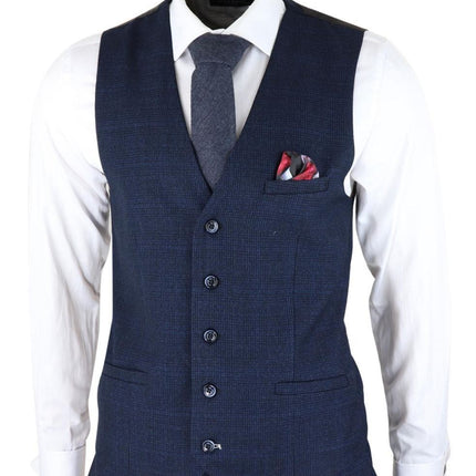 Mens 3 Piece Navy Blue Check Tweed Retro Classic Suit