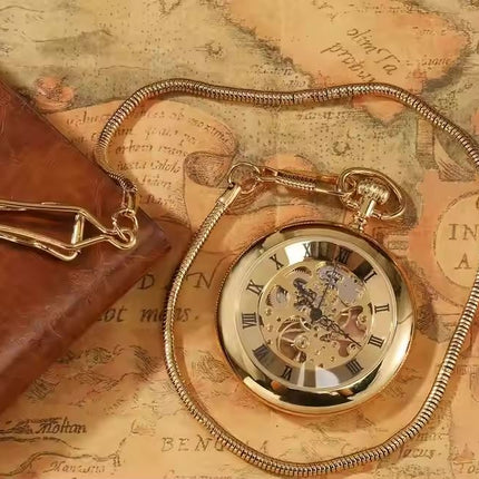 Mechanical Golden Skeleton Open-Face Chain Pocket Watch