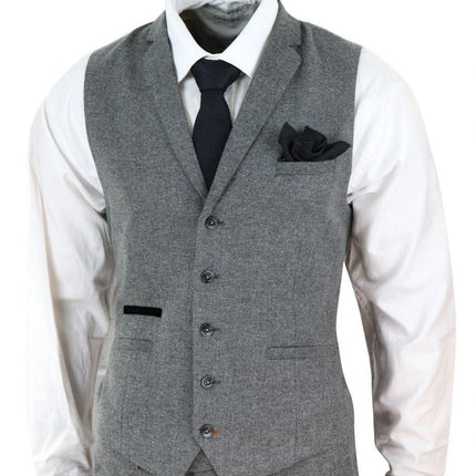Mens 3 Piece Dark Grey Herringbone Wool Tweed Retro Suit