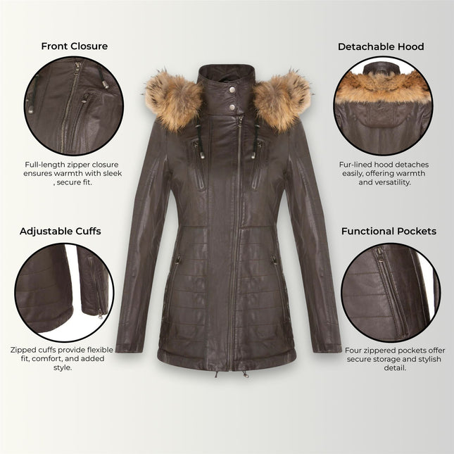 Womens Slim Fit Leather Hooded Parka Jacket-Northam