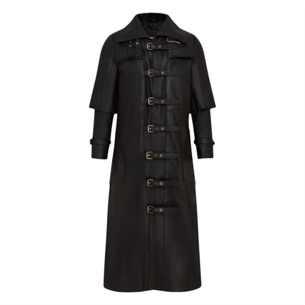 Mens Black Leather Full Length Buckle Gothic Long Trench Coat - Captain