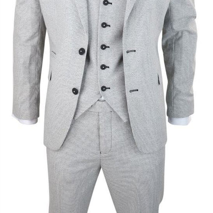 Mens 3 Piece Light Grey Check Tweed Retro Classic Suit