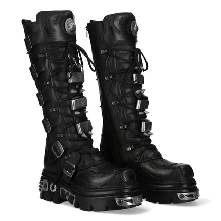 New Rock M-161-C10 Knee High Black Leather Spiked Gothic Boots