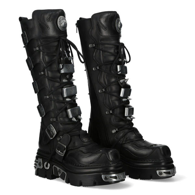 New Rock M-161-C10 Knee High Black Leather Spiked Gothic Boots