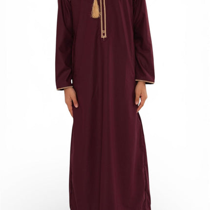 Kids Boys Ramadan Burgundy Red Moroccan Thobe Robe Emirati Eid Jubba- TT-003