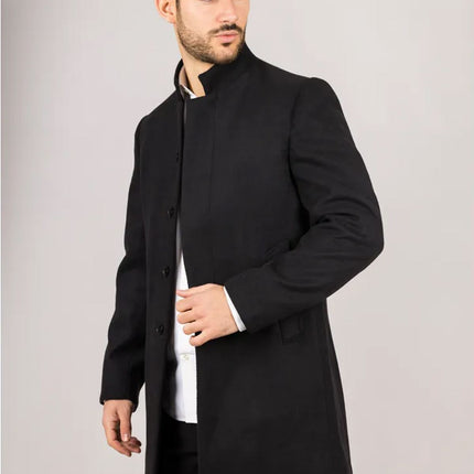Men's Black Stand Collar Wool Blend Overcoat