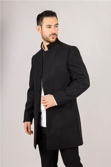 Men's Black Stand Collar Wool Blend Overcoat